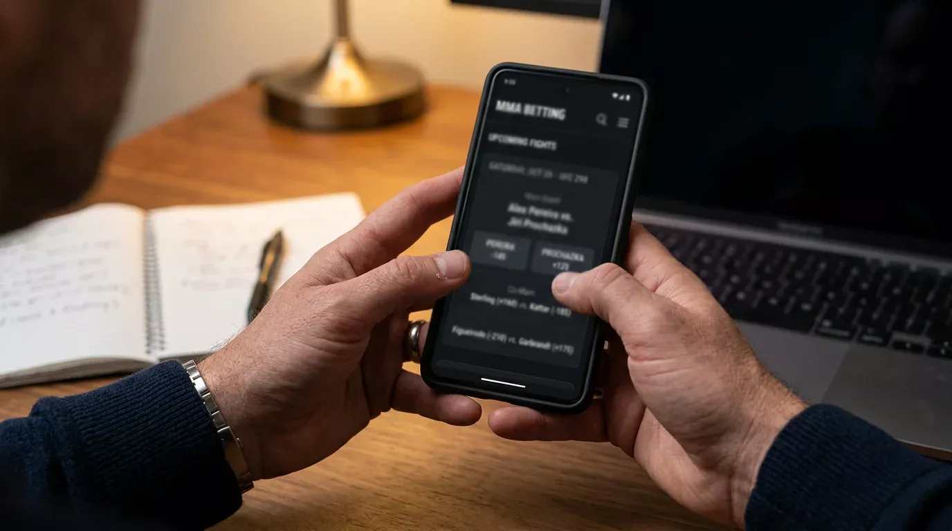 Pantalla de mercados de apuestas UFC mostrando opciones de moneyline y método de victoria